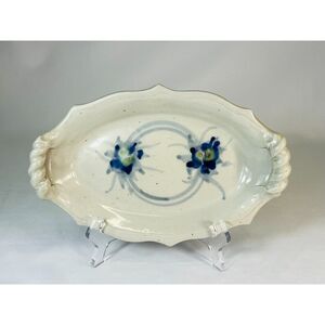 Studio Glass Handmade Pottery Trinket Candy Dish Blue Floral